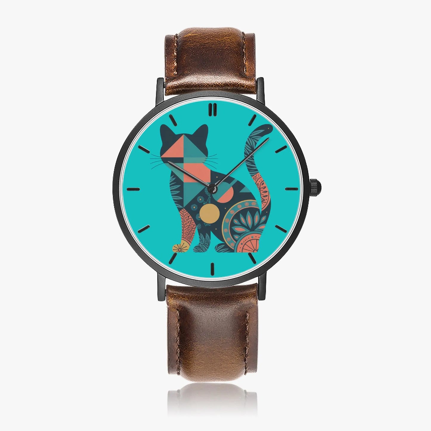 Leather Band Stainless Steel Cat Design Watch