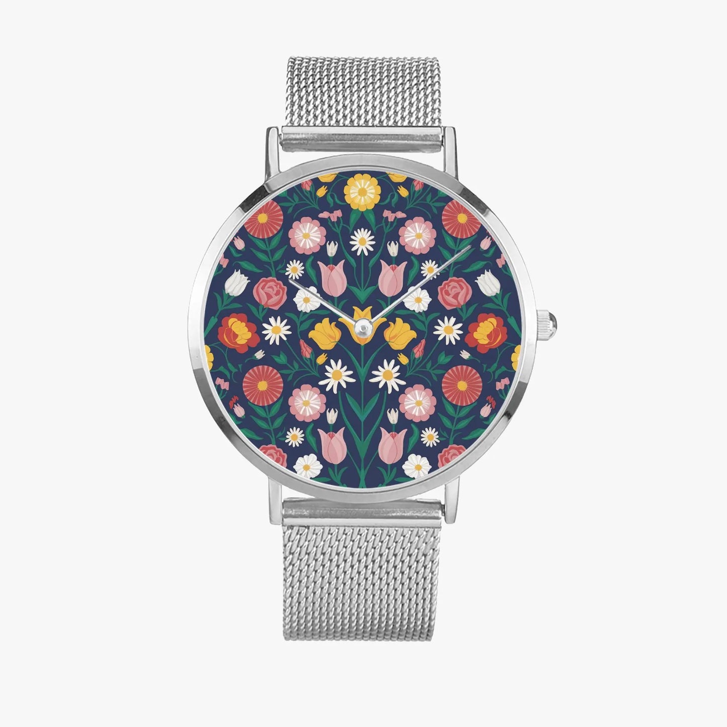 Stainless Steel Floral Pattern Quartz Watch