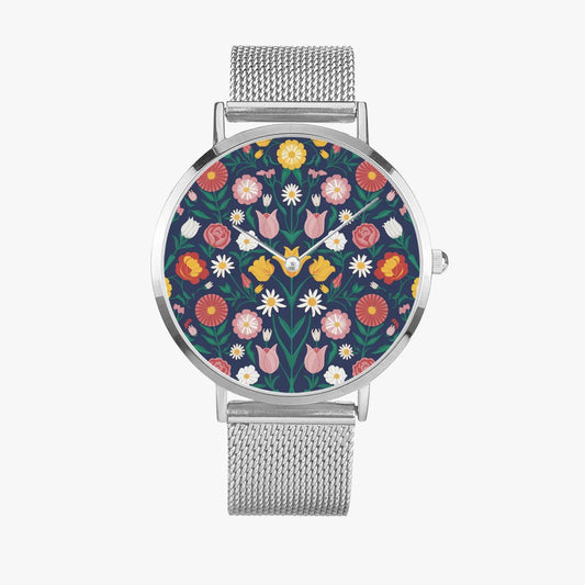 Stainless Steel Floral Pattern Quartz Watch