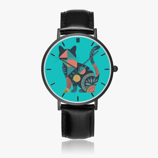 Leather Band Stainless Steel Cat Design Watch