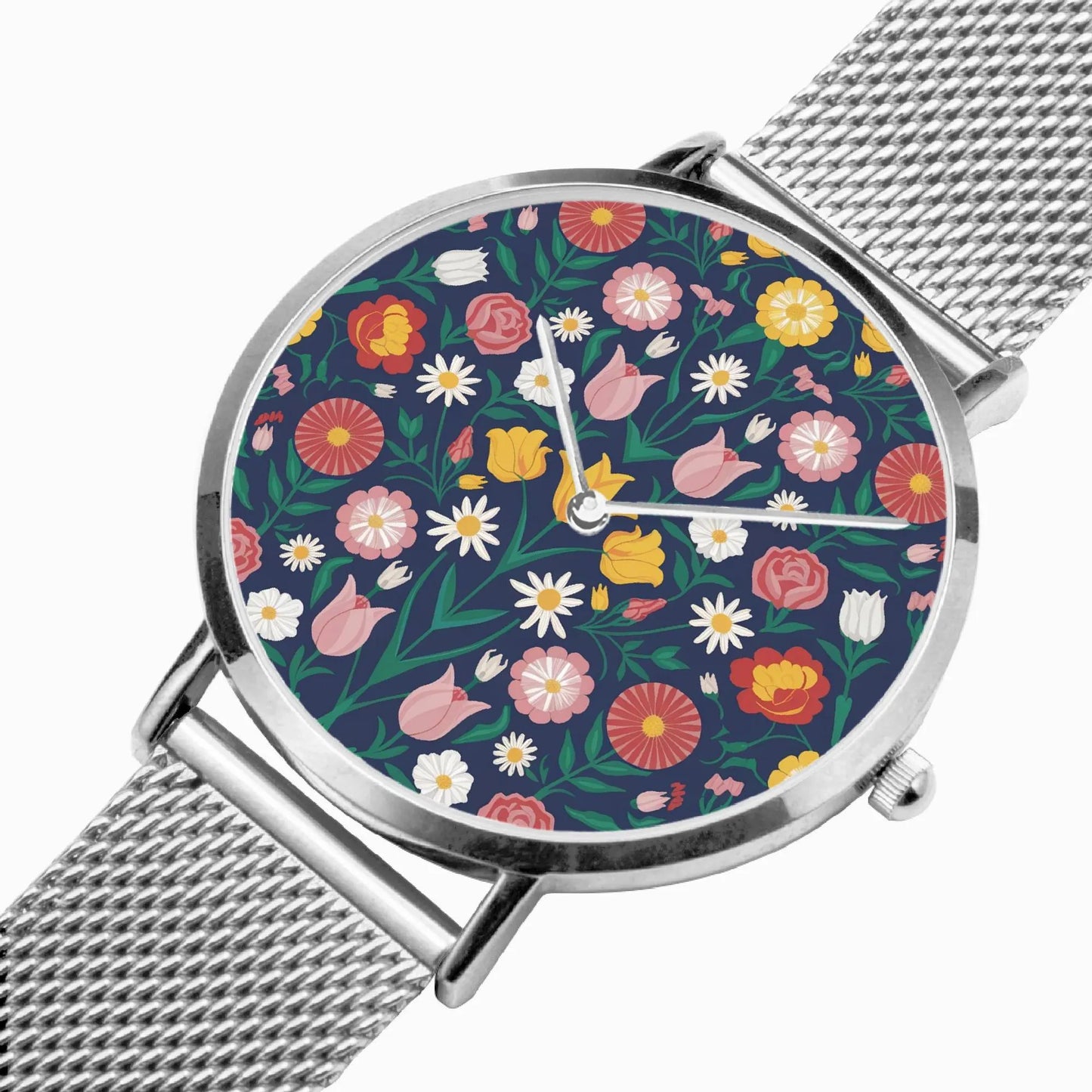 Stainless Steel Floral Pattern Quartz Watch