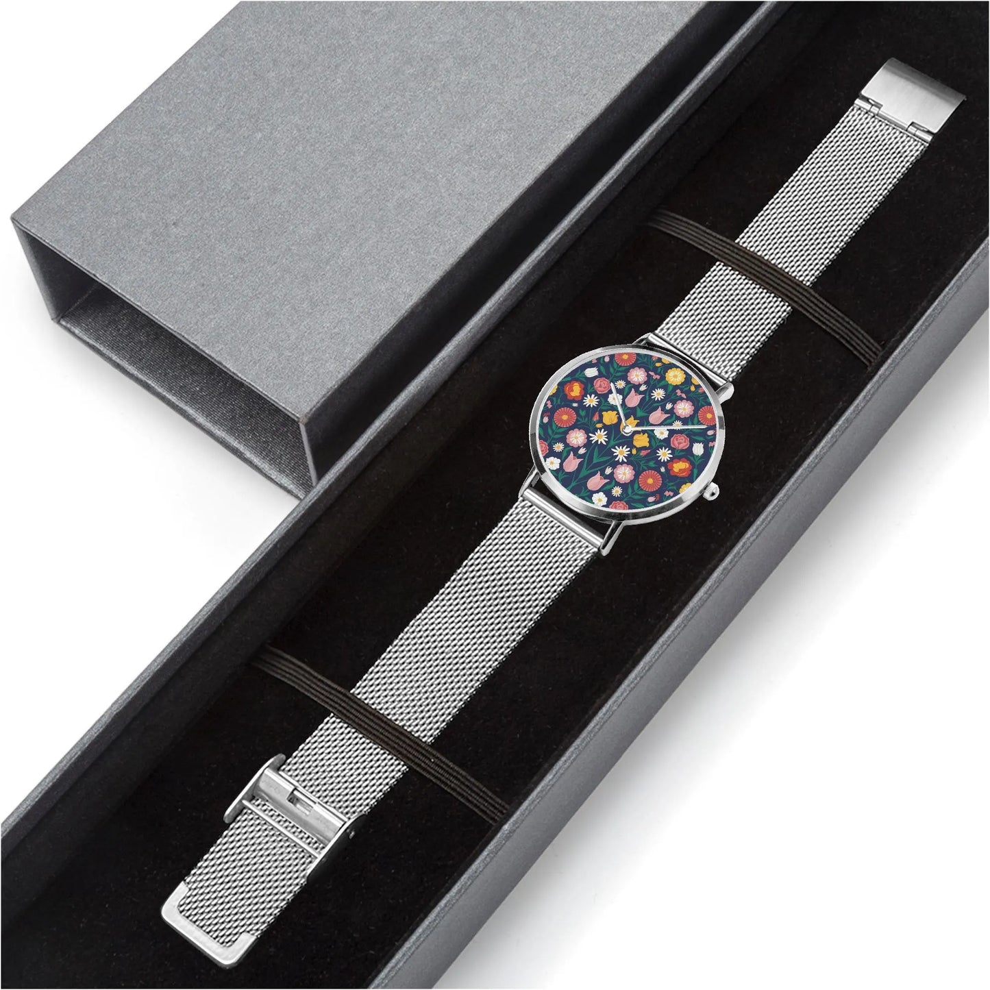 Stainless Steel Floral Pattern Quartz Watch