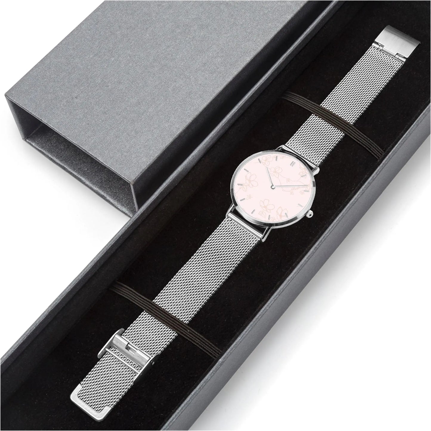 Stainless Steel Floral Pink Face Watch