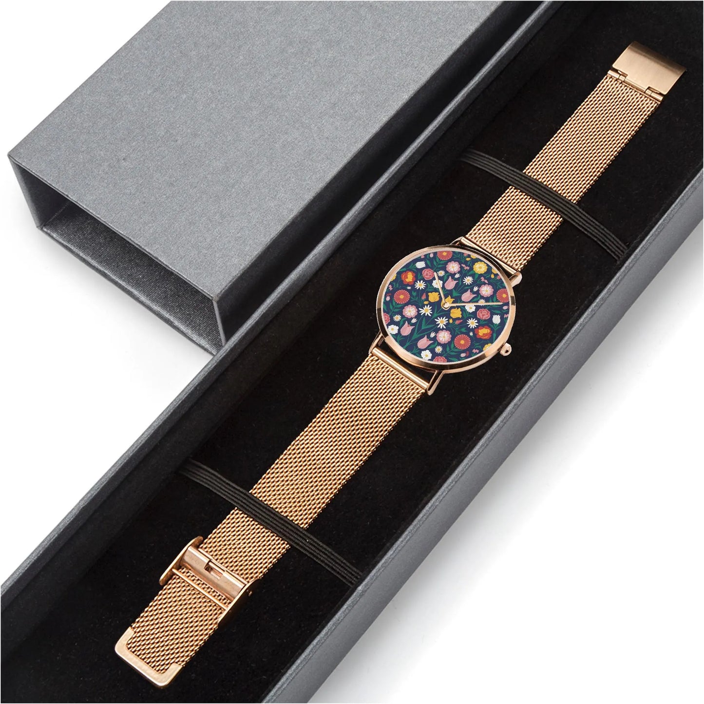 Stainless Steel Floral Pattern Quartz Watch