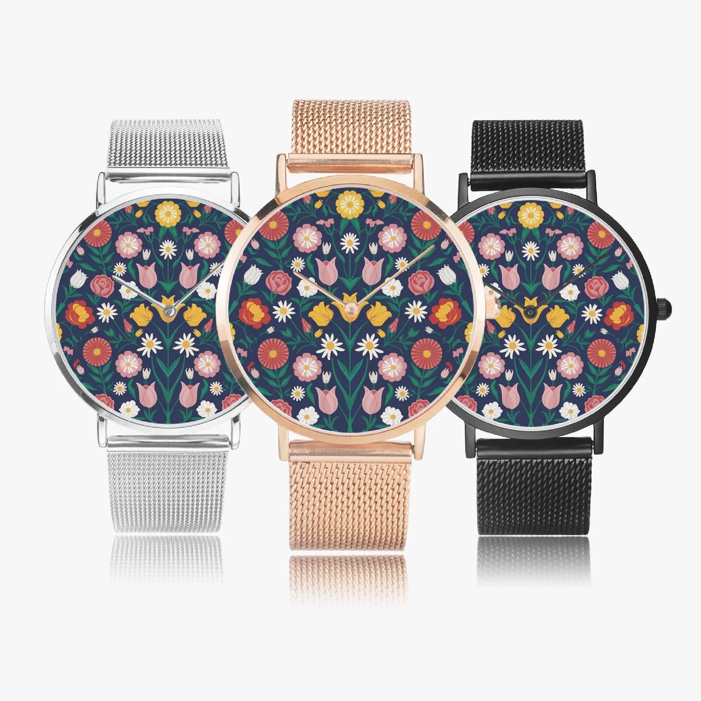 Stainless Steel Floral Pattern Quartz Watch