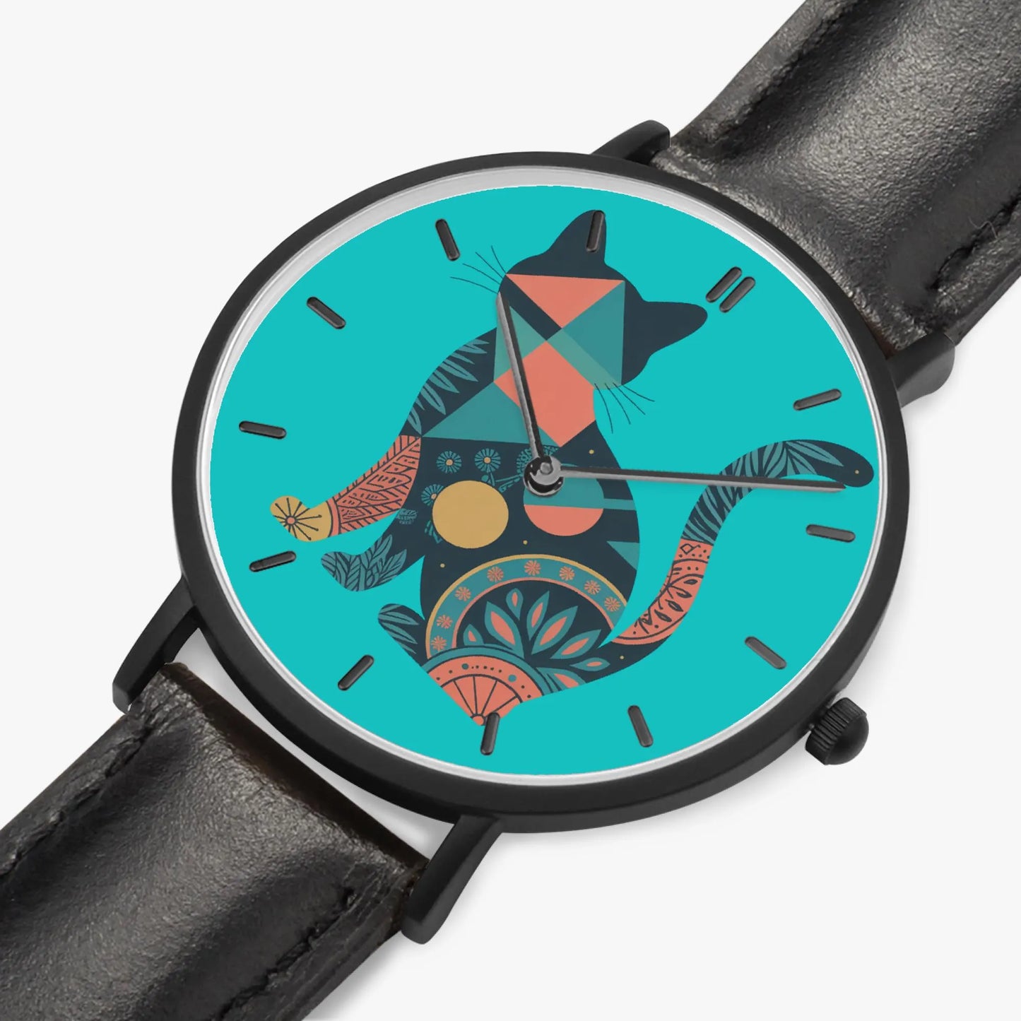 Leather Band Stainless Steel Cat Design Watch