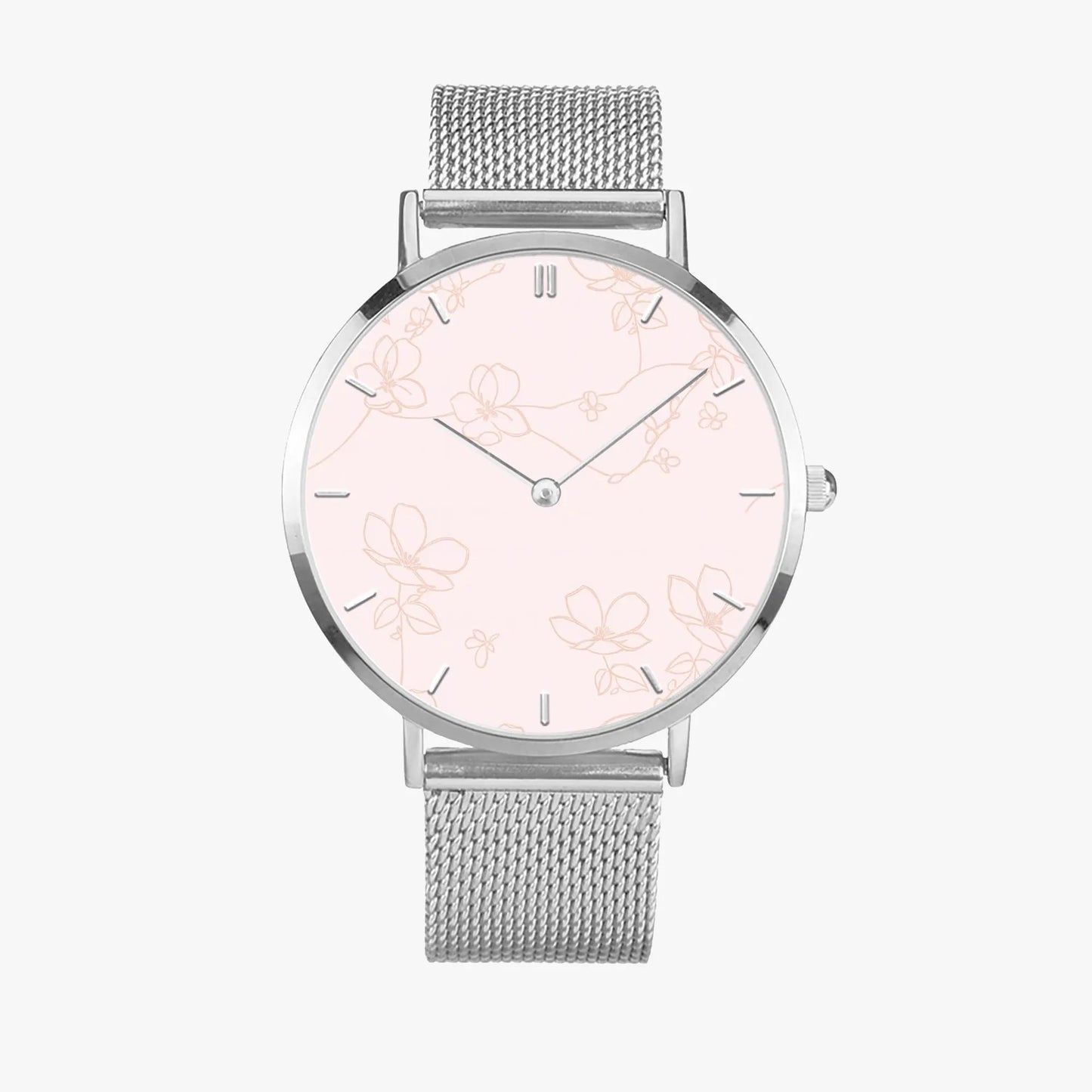 Stainless Steel Floral Pink Face Watch