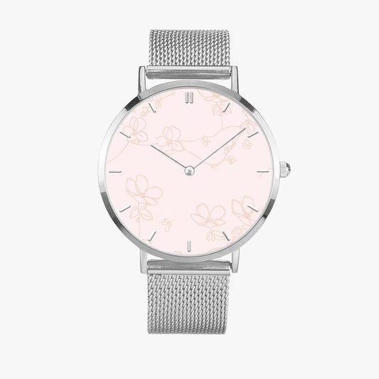 Stainless Steel Floral Pink Face Watch