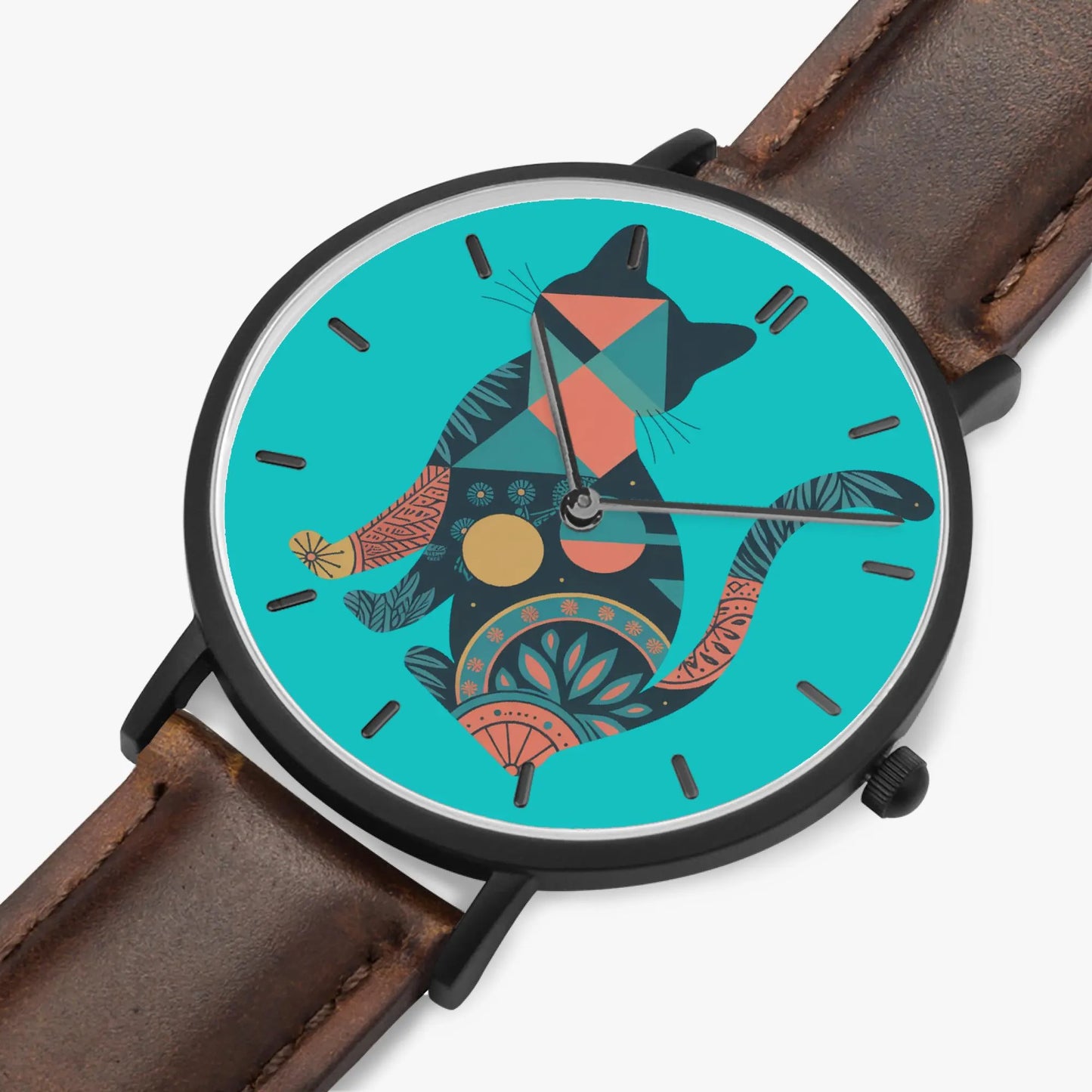 Leather Band Stainless Steel Cat Design Watch