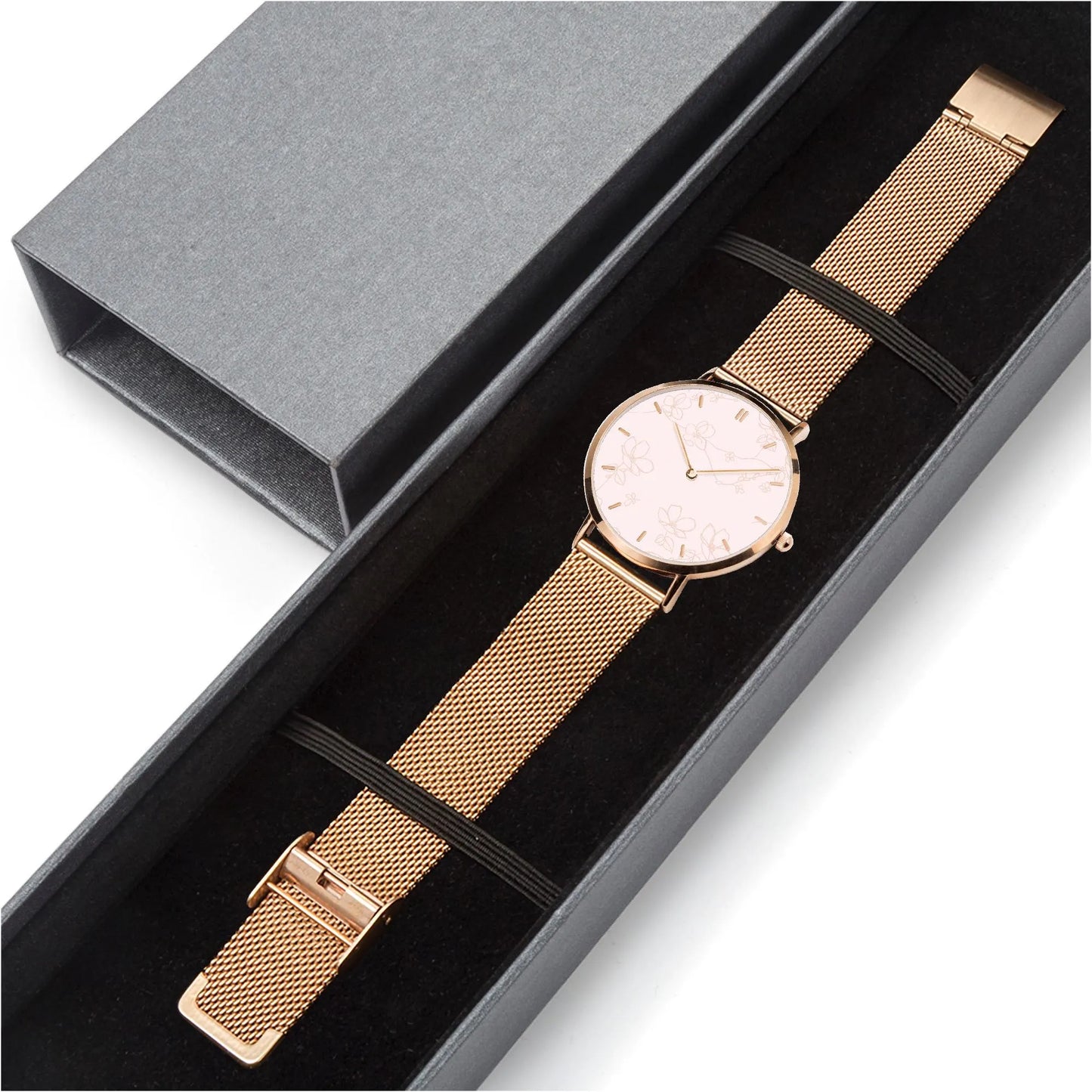 Stainless Steel Floral Pink Face Watch